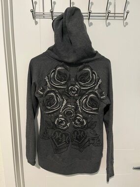 Metal Mulisha Gray Black V-Neck Graphic Hooded Pullover Pocket Sweatshirt